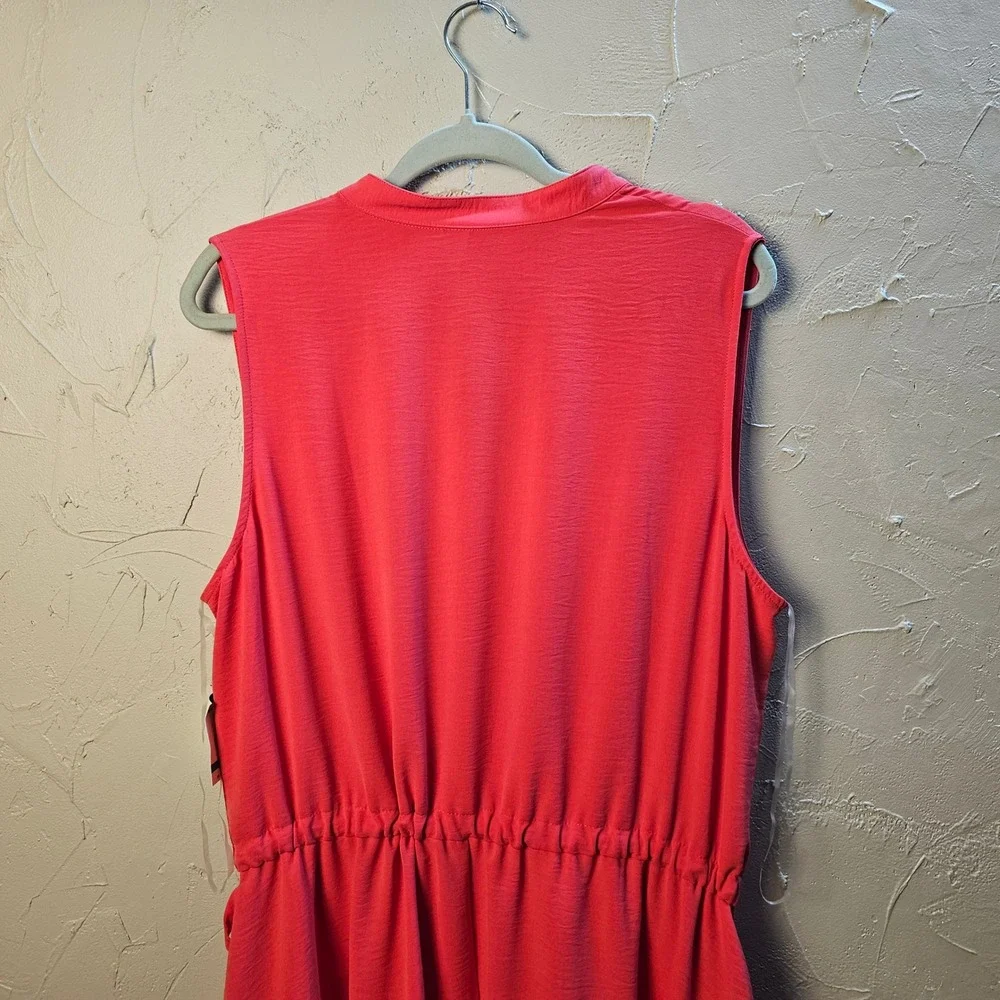 Anne Klein Coral Pink Sleeveless Split Neck Drawstring Waist Midi Dress 16 NEW - Picture 11 of 12